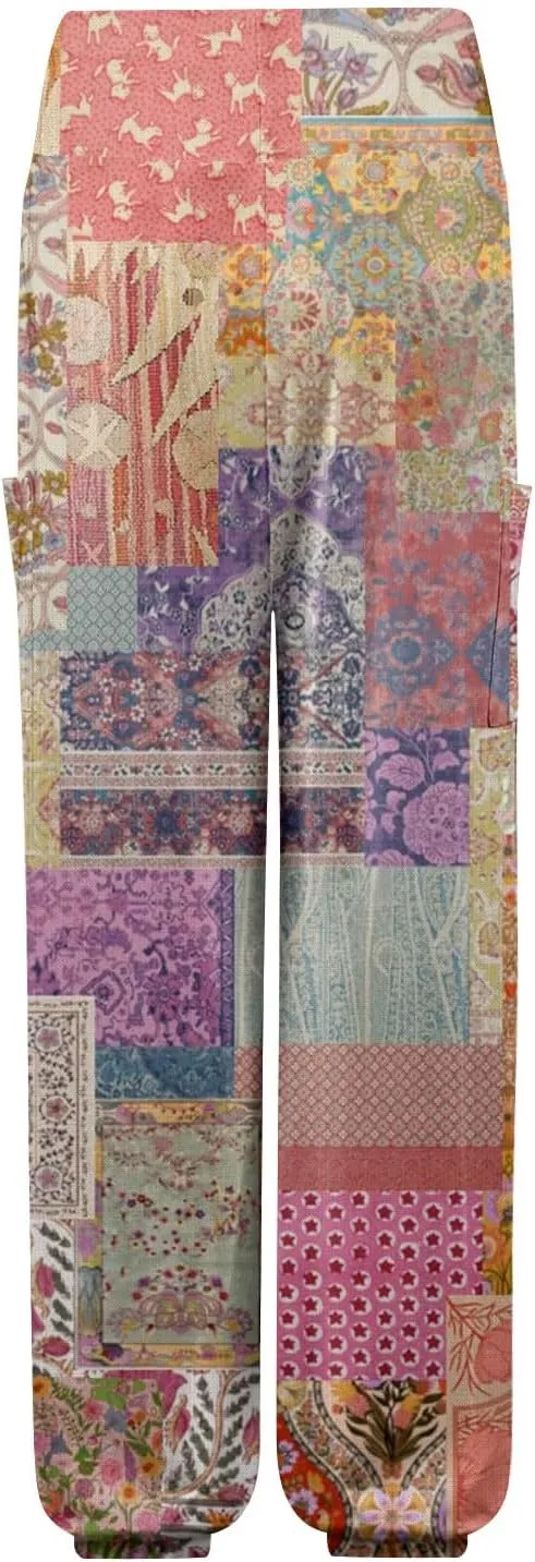 Women's Retro High Waist Drawstring Boho Floral Printed Linen Harem Pants Casual Elastic Waist Crop Trousers for Women K0
