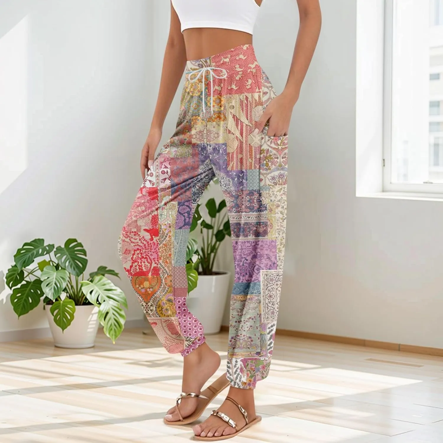 Women's Retro High Waist Drawstring Boho Floral Printed Linen Harem Pants Casual Elastic Waist Crop Trousers for Women K0