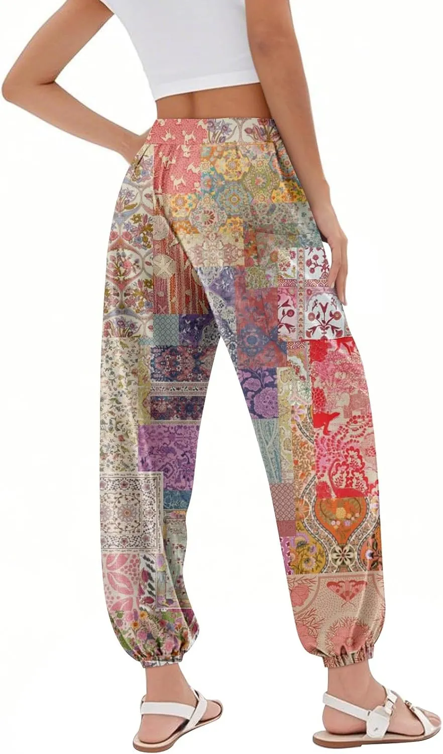 Women's Retro High Waist Drawstring Boho Floral Printed Linen Harem Pants Casual Elastic Waist Crop Trousers for Women K0