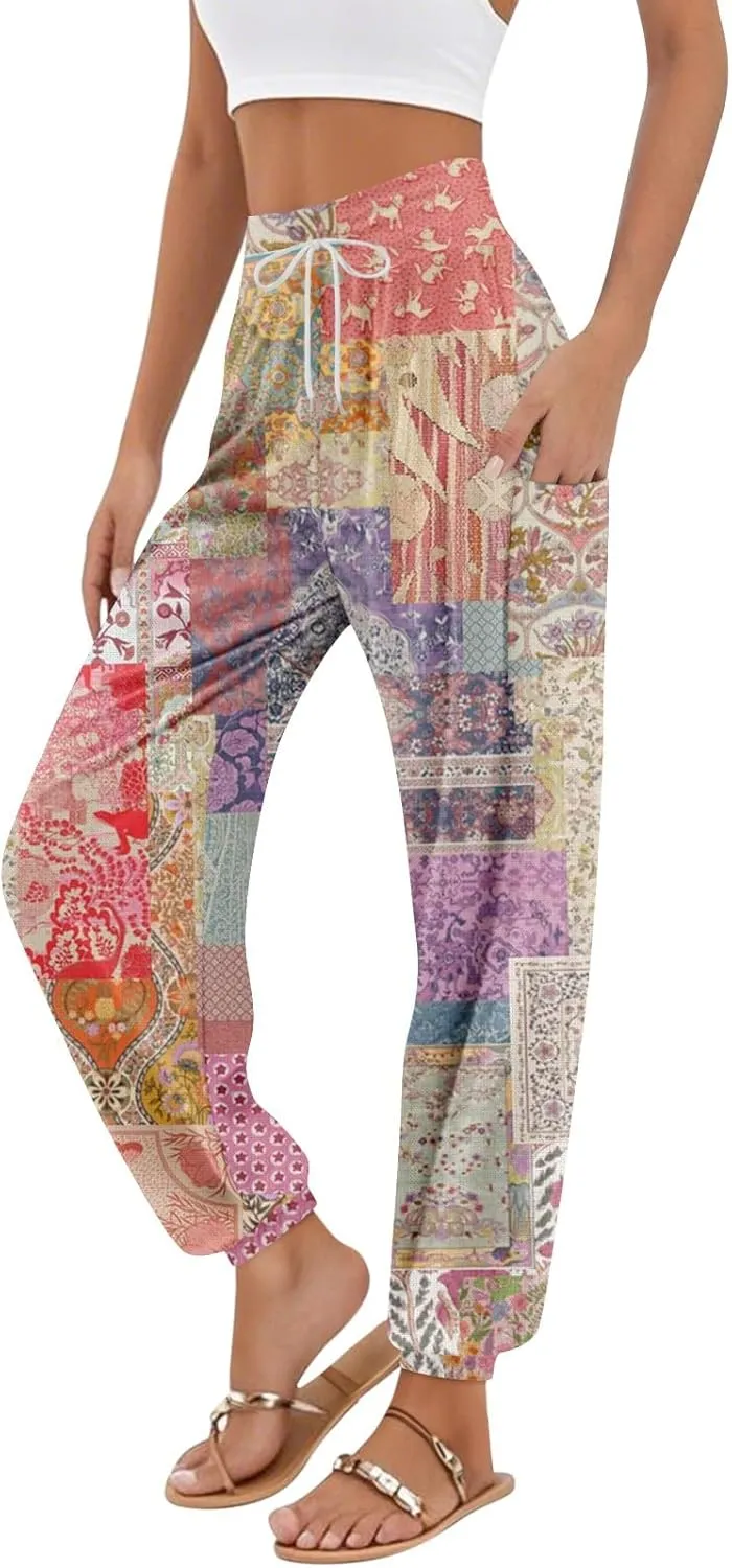 Women's Retro High Waist Drawstring Boho Floral Printed Linen Harem Pants Casual Elastic Waist Crop Trousers for Women K0