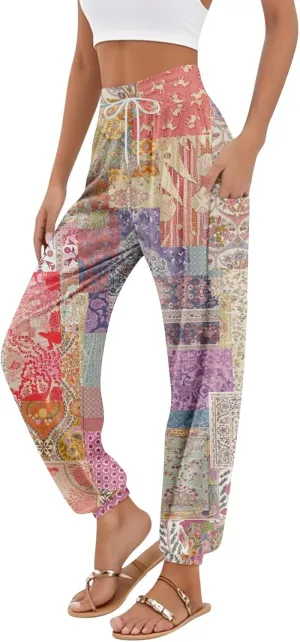 Women's Retro High Waist Drawstring Boho Floral Printed Linen Harem Pants Casual Elastic Waist Crop Trousers for Women K0