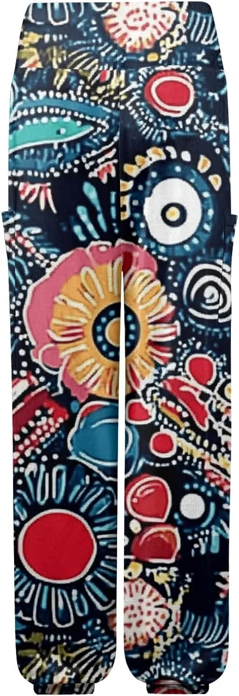 Women's Retro High Waist Drawstring Boho Floral Printed Linen Harem Pants Casual Elastic Waist Crop Trousers for Women L1