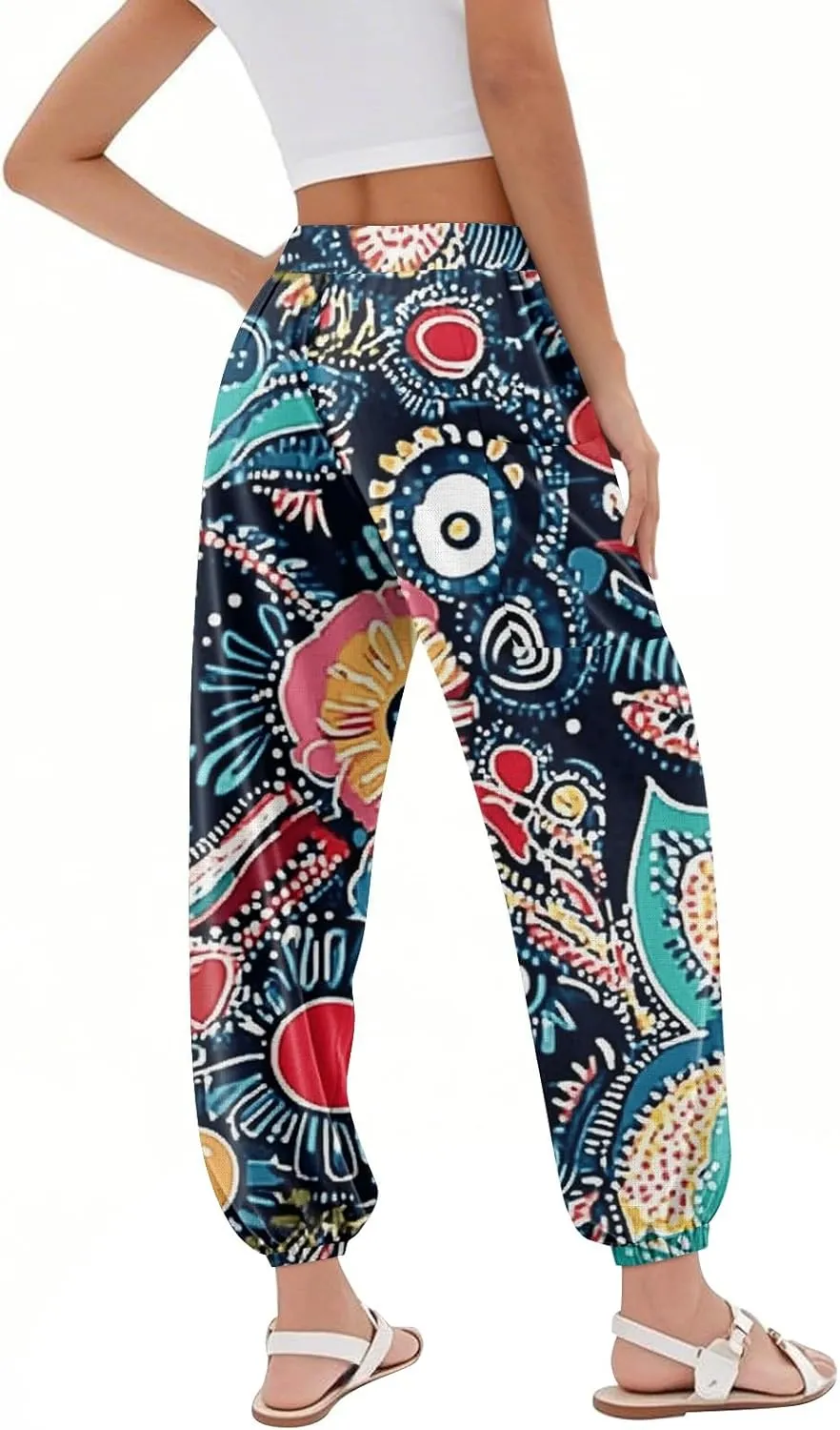 Women's Retro High Waist Drawstring Boho Floral Printed Linen Harem Pants Casual Elastic Waist Crop Trousers for Women L1