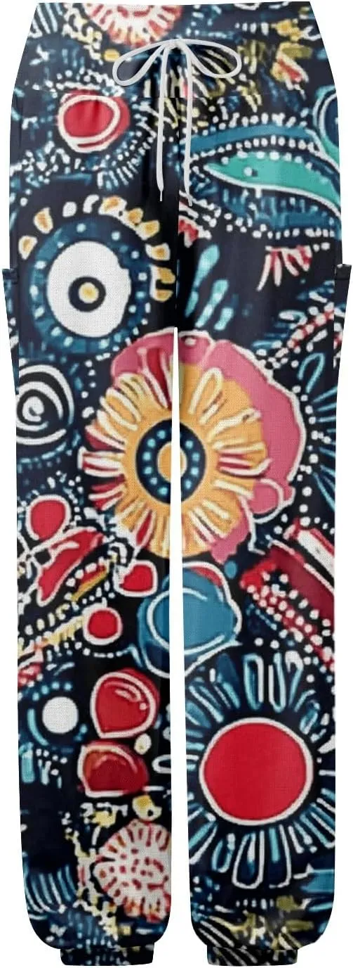Women's Retro High Waist Drawstring Boho Floral Printed Linen Harem Pants Casual Elastic Waist Crop Trousers for Women L1