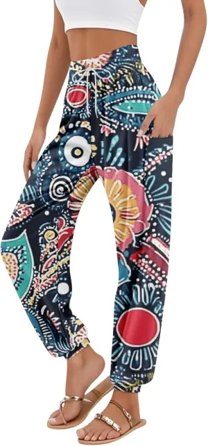 Women's Retro High Waist Drawstring Boho Floral Printed Linen Harem Pants Casual Elastic Waist Crop Trousers for Women L1