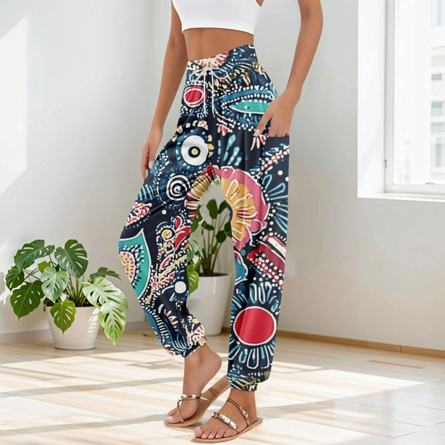 Women's Retro High Waist Drawstring Boho Floral Printed Linen Harem Pants Casual Elastic Waist Crop Trousers for Women L1
