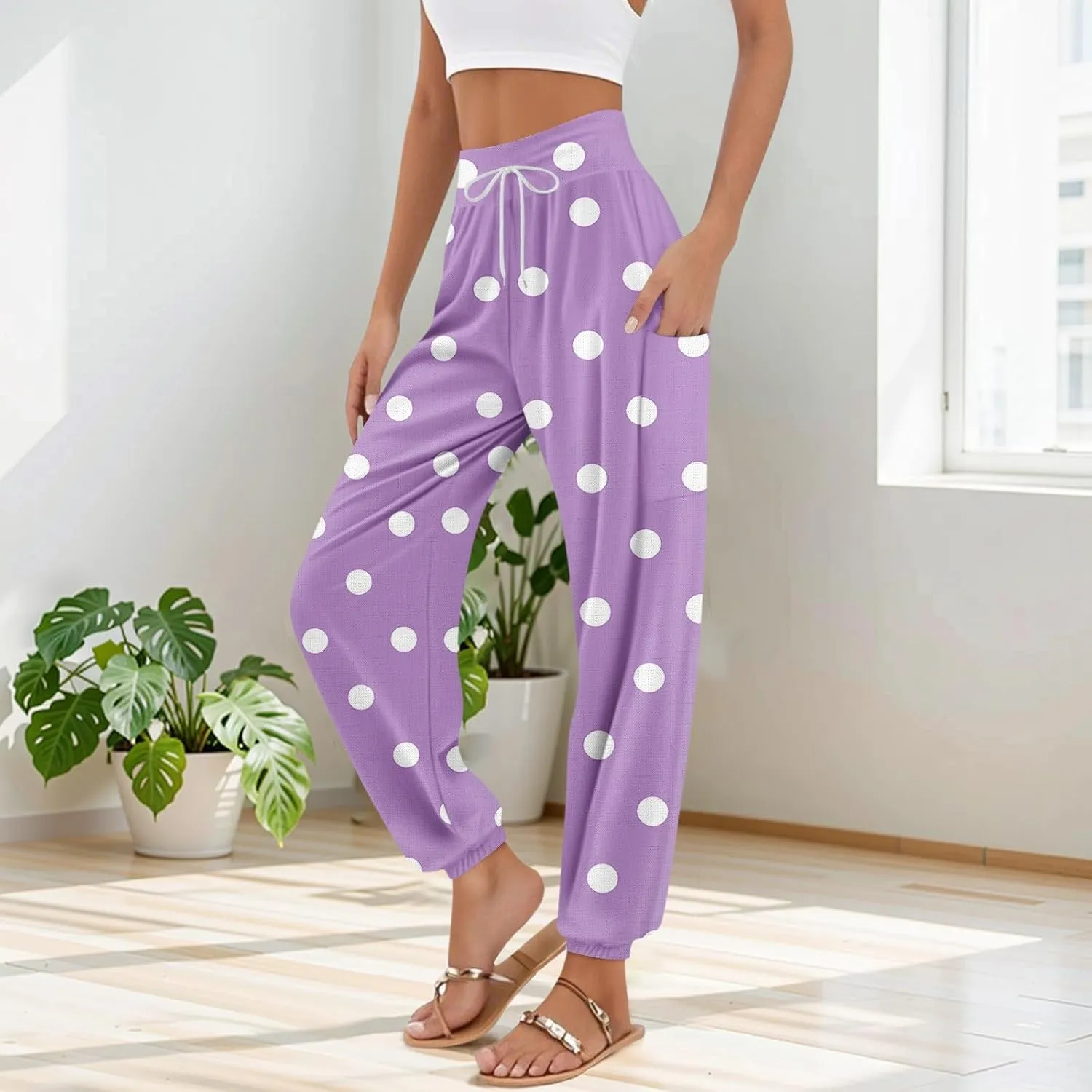 Women's Retro High Waist Drawstring Boho Floral Printed Linen Harem Pants Casual Elastic Waist Crop Trousers for Women N1