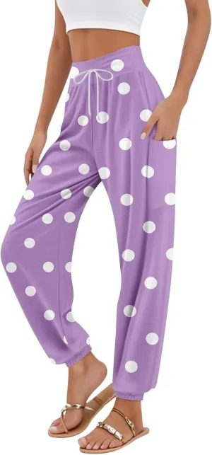 Women's Retro High Waist Drawstring Boho Floral Printed Linen Harem Pants Casual Elastic Waist Crop Trousers for Women N1