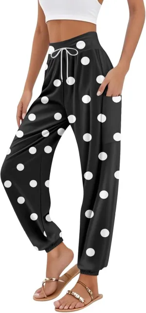 Women's Retro High Waist Drawstring Boho Floral Printed Linen Harem Pants Casual Elastic Waist Crop Trousers for Women N1