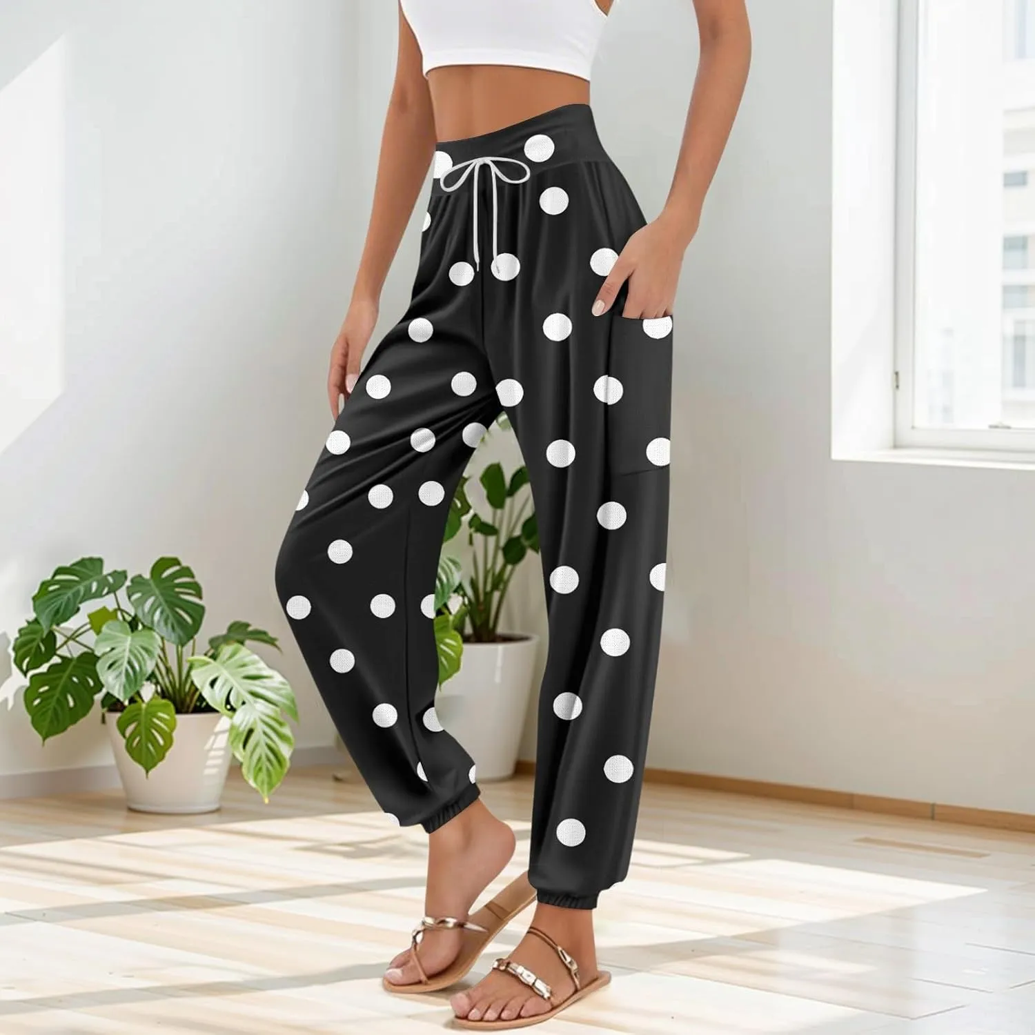 Women's Retro High Waist Drawstring Boho Floral Printed Linen Harem Pants Casual Elastic Waist Crop Trousers for Women N1
