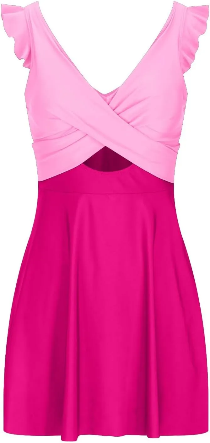 Womens Ruffle Swimdress One Piece Swimsuit Tummy Control V Neck Cutout Cross Wrap Swimwear Bathing Suits with Skirt