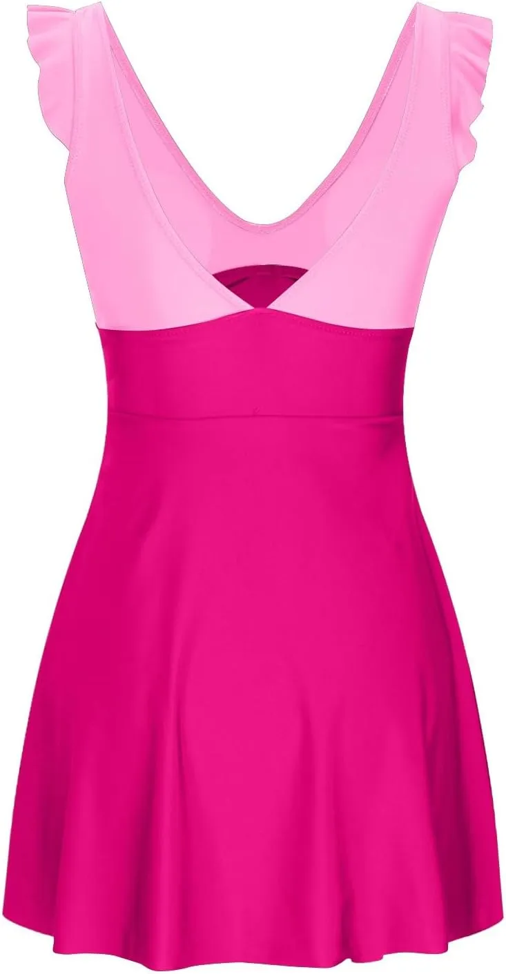 Womens Ruffle Swimdress One Piece Swimsuit Tummy Control V Neck Cutout Cross Wrap Swimwear Bathing Suits with Skirt