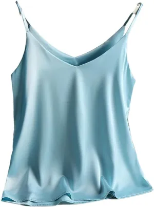 Women's Satin Spaghetti Strap Top V Neck Basic Sleeveless Silk Tank for Spring Summer Female Camisoles