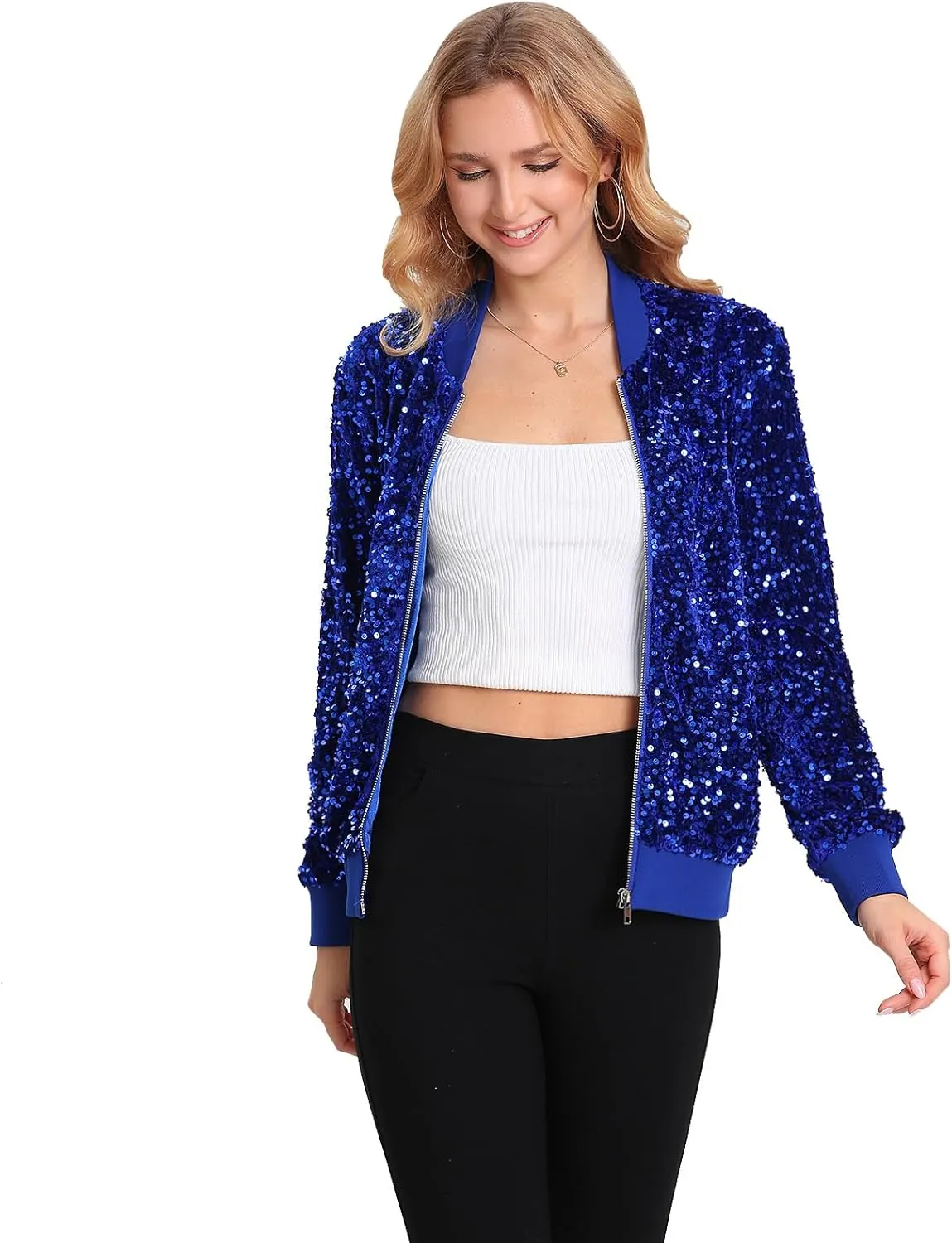 Women's Sequin Jacket Long Sleeve Blazer Glitter Front Zip With Pockets Casual Sparkly Party Velvet Bomber