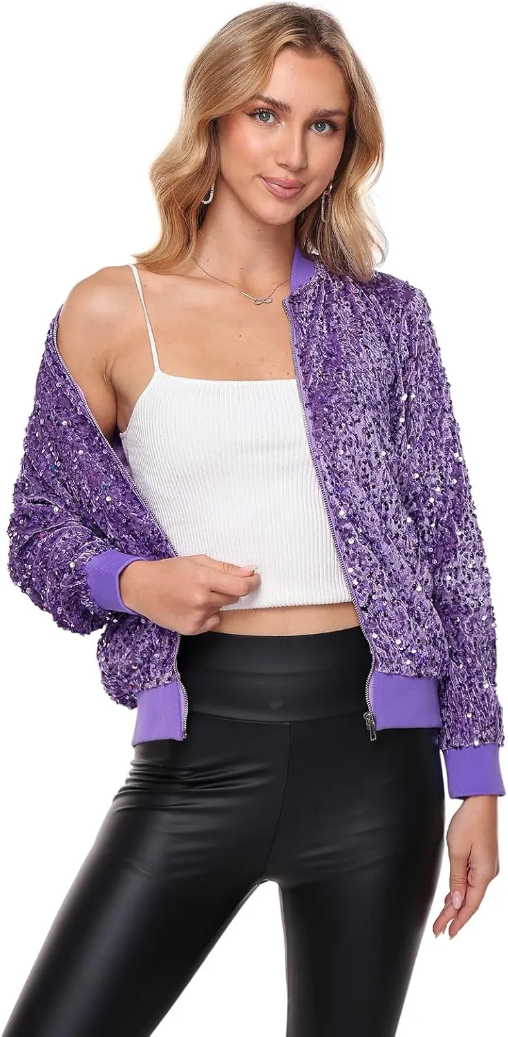 Women's Sequin Jacket Long Sleeve Blazer Glitter Front Zip With Pockets Casual Sparkly Party Velvet Bomber