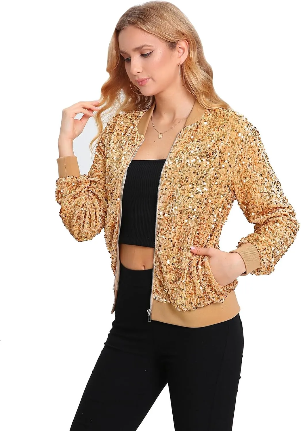 Women's Sequin Jacket Long Sleeve Blazer Glitter Front Zip With Pockets Casual Sparkly Party Velvet Bomber