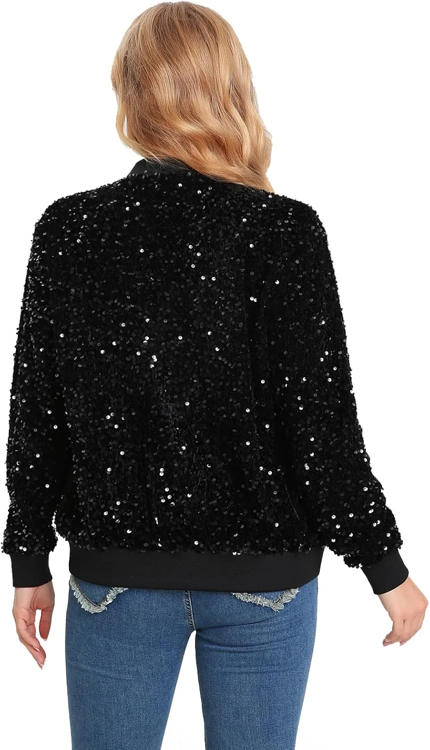Women's Sequin Jacket Long Sleeve Blazer Glitter Front Zip With Pockets Casual Sparkly Party Velvet Bomber