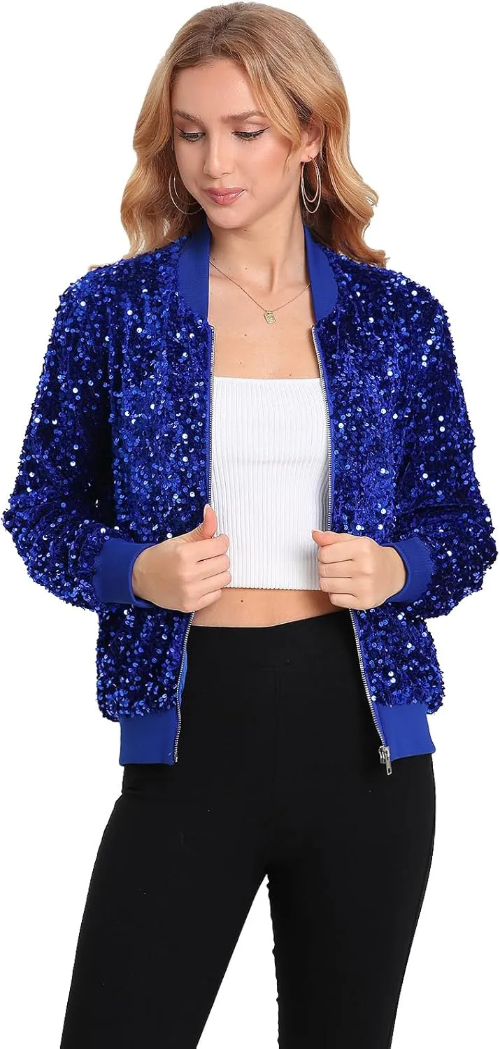 Women's Sequin Jacket Long Sleeve Blazer Glitter Front Zip With Pockets Casual Sparkly Party Velvet Bomber