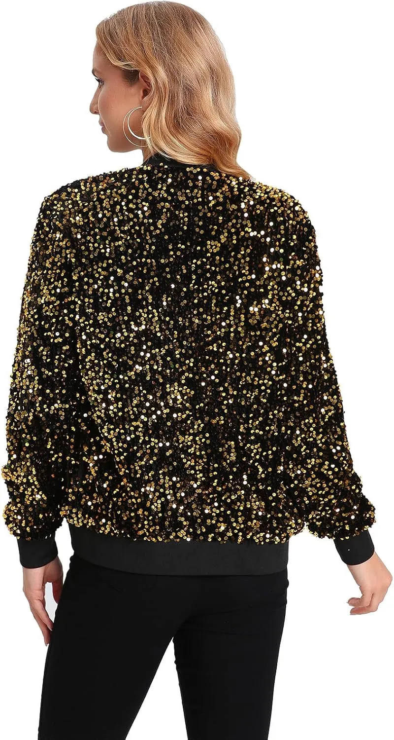 Women's Sequin Jacket Long Sleeve Blazer Glitter Front Zip With Pockets Casual Sparkly Party Velvet Bomber