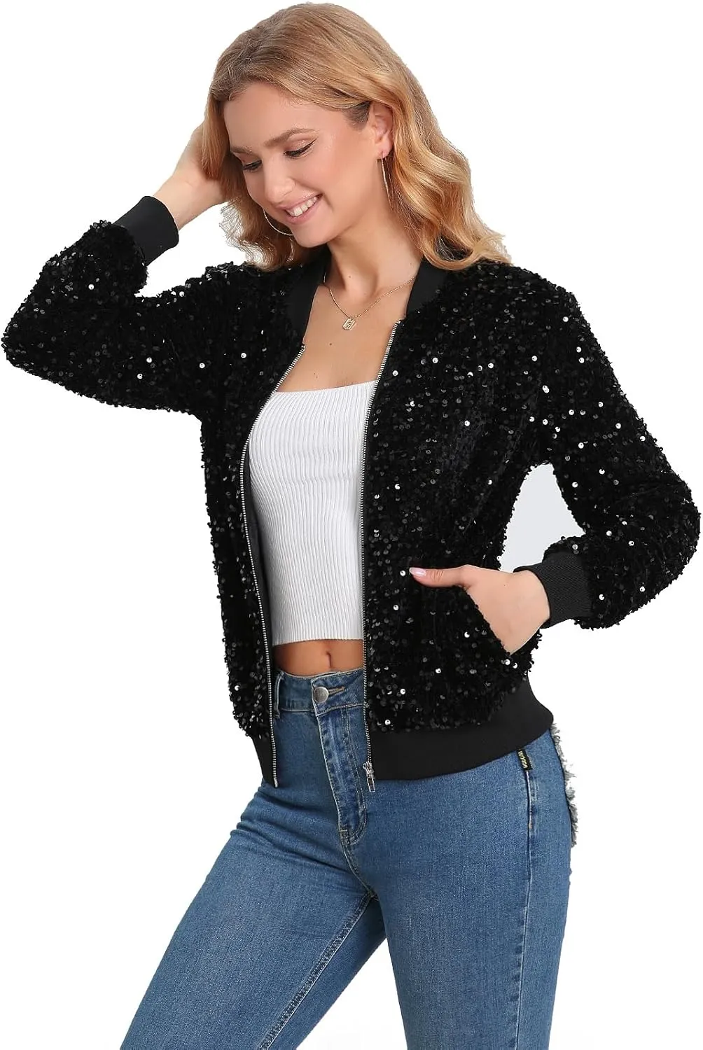 Women's Sequin Jacket Long Sleeve Blazer Glitter Front Zip With Pockets Casual Sparkly Party Velvet Bomber