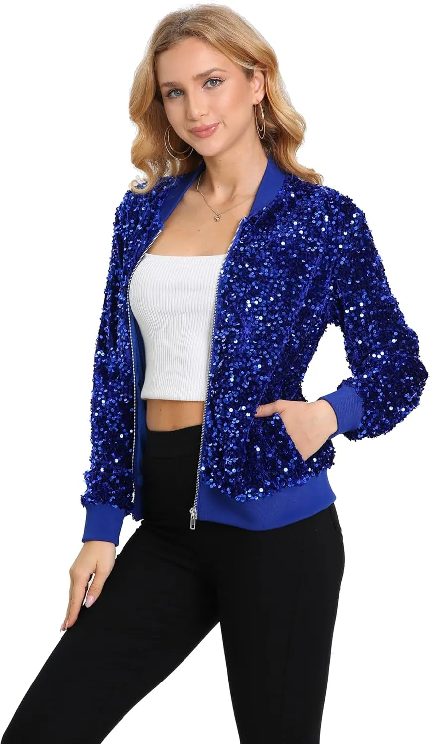 Women's Sequin Jacket Long Sleeve Blazer Glitter Front Zip With Pockets Casual Sparkly Party Velvet Bomber