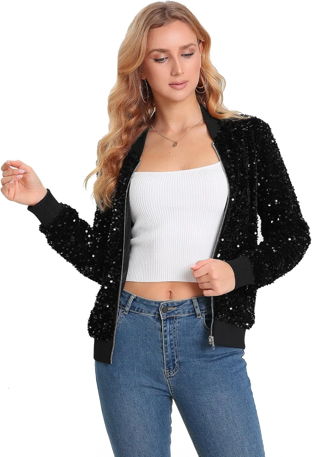 Women's Sequin Jacket Long Sleeve Blazer Glitter Front Zip With Pockets Casual Sparkly Party Velvet Bomber
