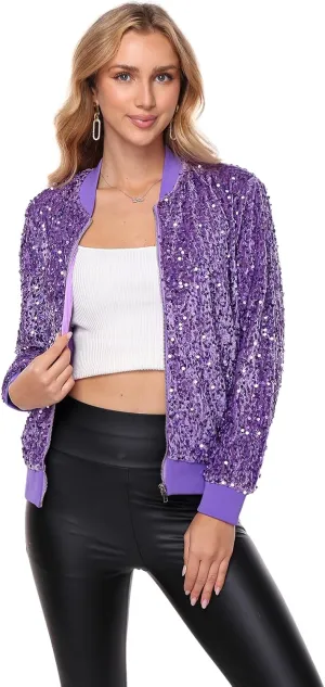Women's Sequin Jacket Long Sleeve Blazer Glitter Front Zip With Pockets Casual Sparkly Party Velvet Bomber
