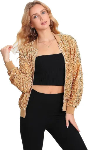 Women's Sequin Jacket Long Sleeve Blazer Glitter Front Zip With Pockets Casual Sparkly Party Velvet Bomber