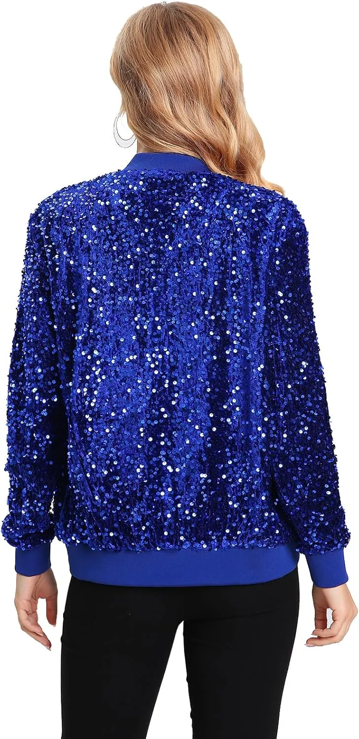 Women's Sequin Jacket Long Sleeve Blazer Glitter Front Zip With Pockets Casual Sparkly Party Velvet Bomber
