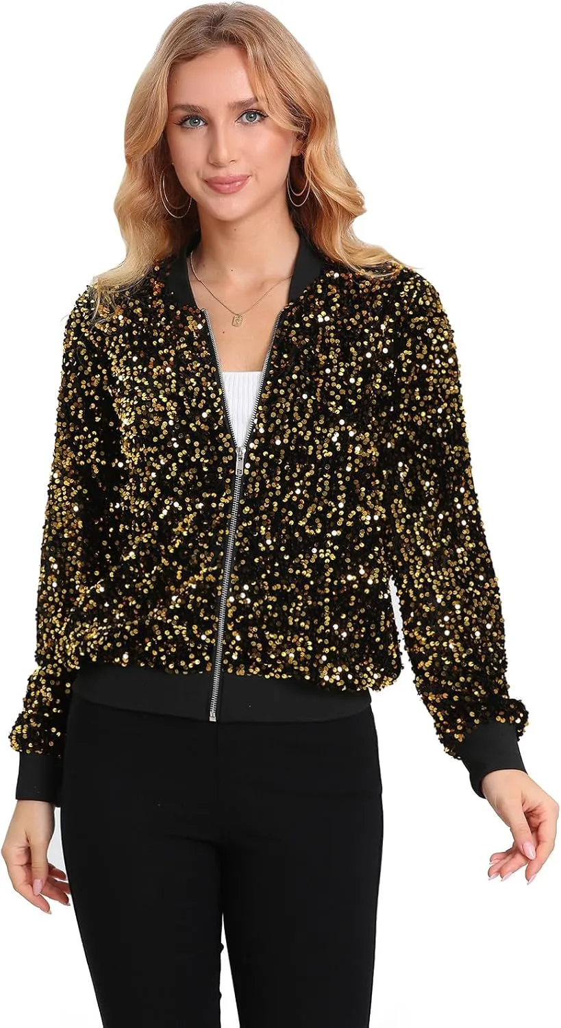 Women's Sequin Jacket Long Sleeve Blazer Glitter Front Zip With Pockets Casual Sparkly Party Velvet Bomber