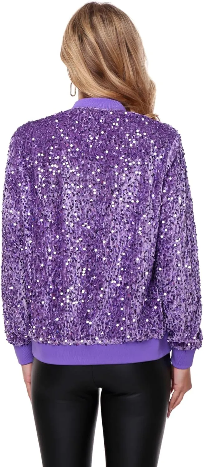 Women's Sequin Jacket Long Sleeve Blazer Glitter Front Zip With Pockets Casual Sparkly Party Velvet Bomber
