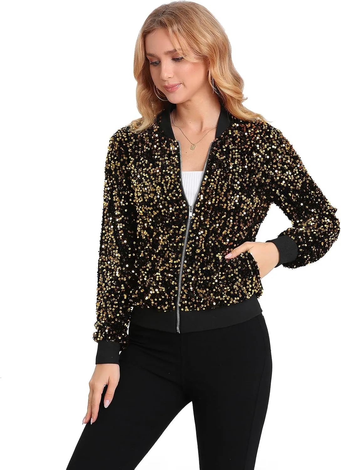 Women's Sequin Jacket Long Sleeve Blazer Glitter Front Zip With Pockets Casual Sparkly Party Velvet Bomber