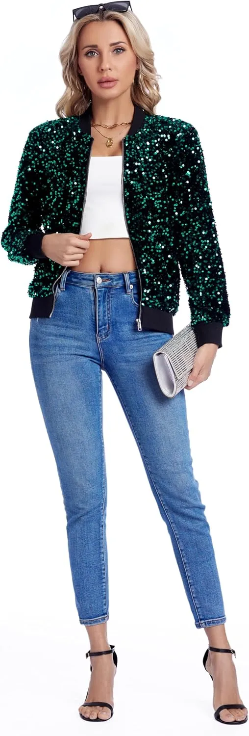 Women's Sequin Jacket Long Sleeve Blazer Glitter Front Zip With Pockets Casual Sparkly Party Velvet Bomber