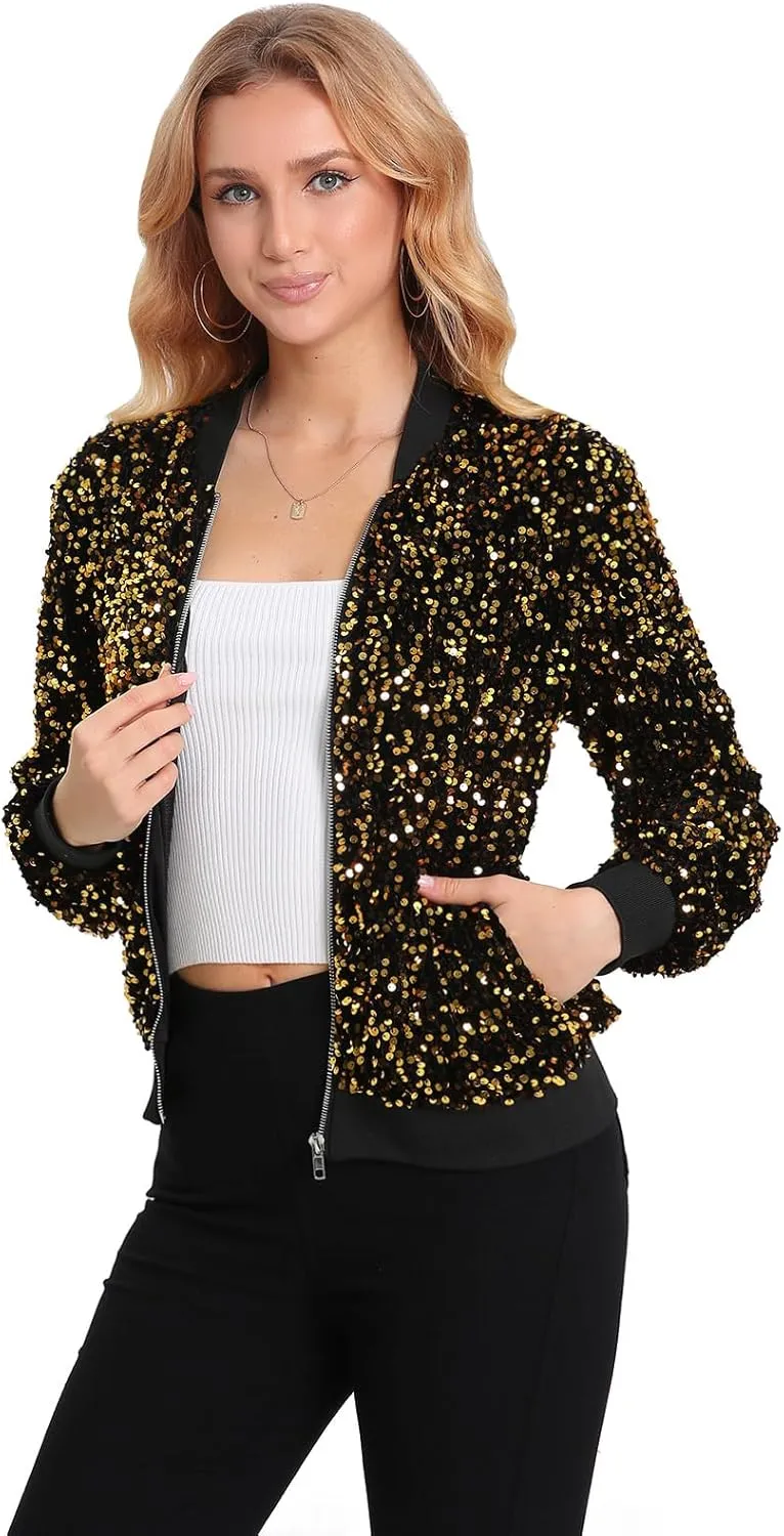 Women's Sequin Jacket Long Sleeve Blazer Glitter Front Zip With Pockets Casual Sparkly Party Velvet Bomber
