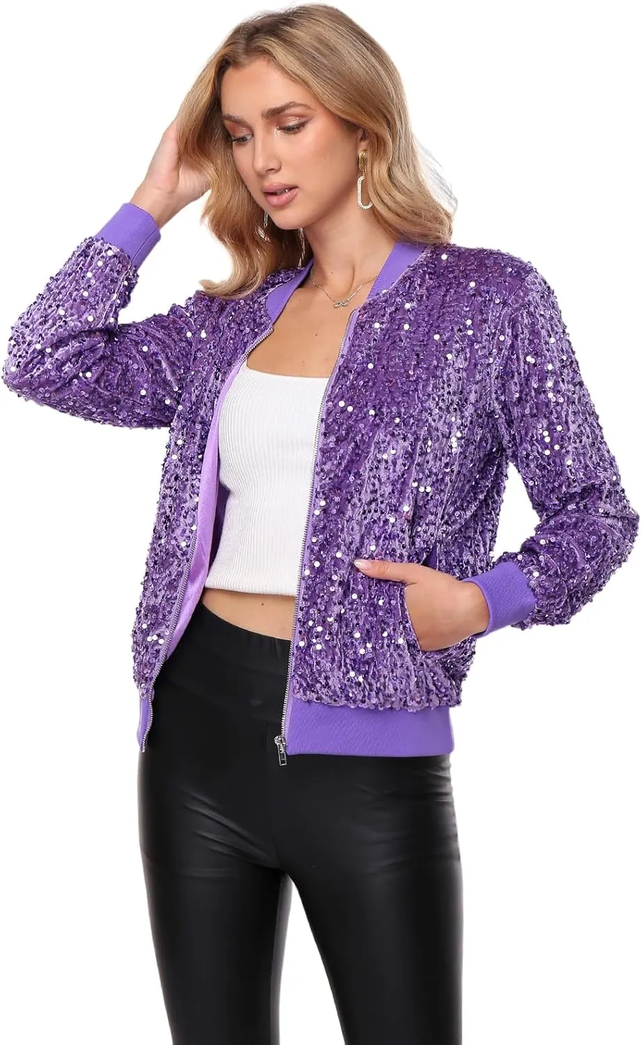 Women's Sequin Jacket Long Sleeve Blazer Glitter Front Zip With Pockets Casual Sparkly Party Velvet Bomber