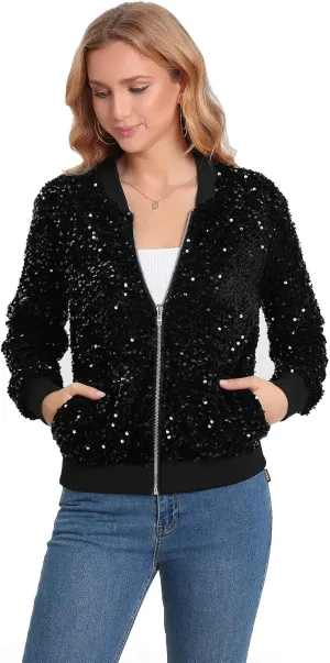 Women's Sequin Jacket Long Sleeve Blazer Glitter Front Zip With Pockets Casual Sparkly Party Velvet Bomber