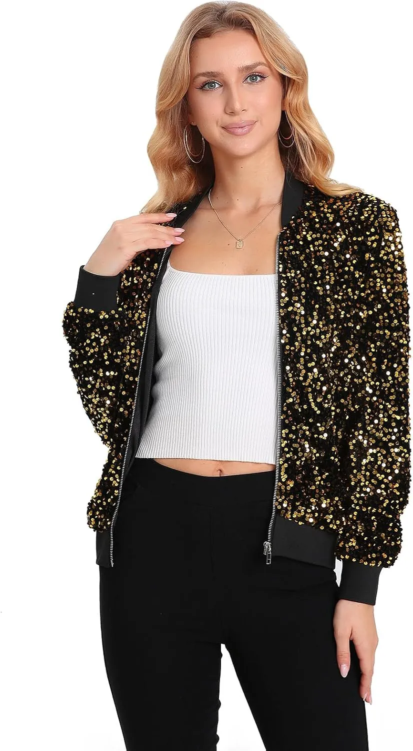 Women's Sequin Jacket Long Sleeve Blazer Glitter Front Zip With Pockets Casual Sparkly Party Velvet Bomber