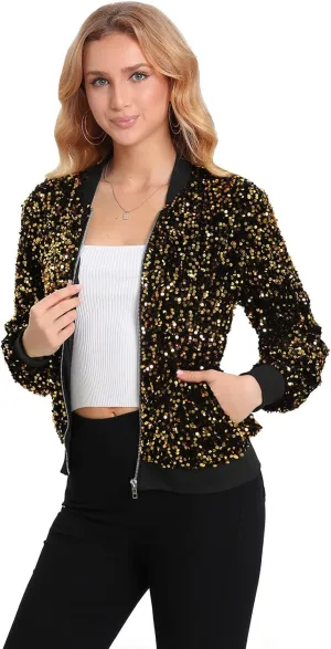 Women's Sequin Jacket Long Sleeve Blazer Glitter Front Zip With Pockets Casual Sparkly Party Velvet Bomber