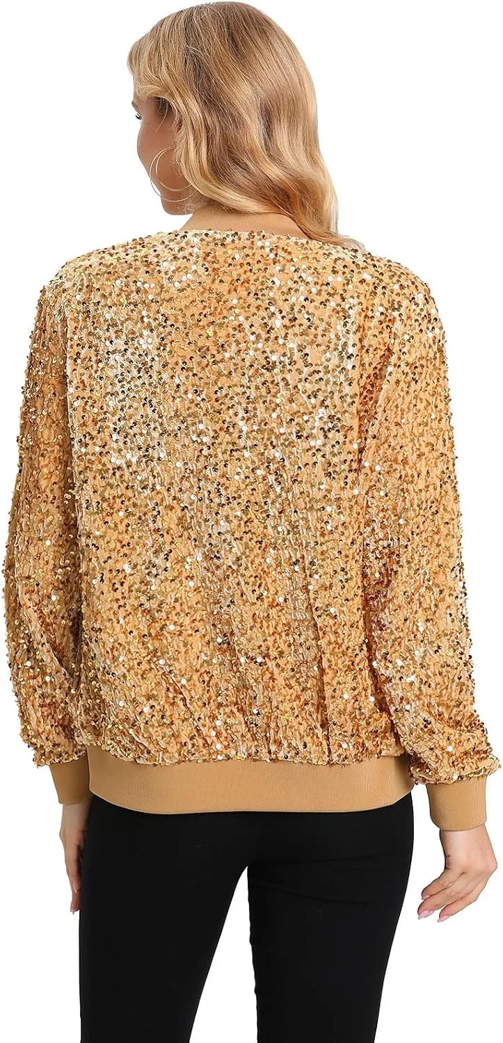 Women's Sequin Jacket Long Sleeve Blazer Glitter Front Zip With Pockets Casual Sparkly Party Velvet Bomber