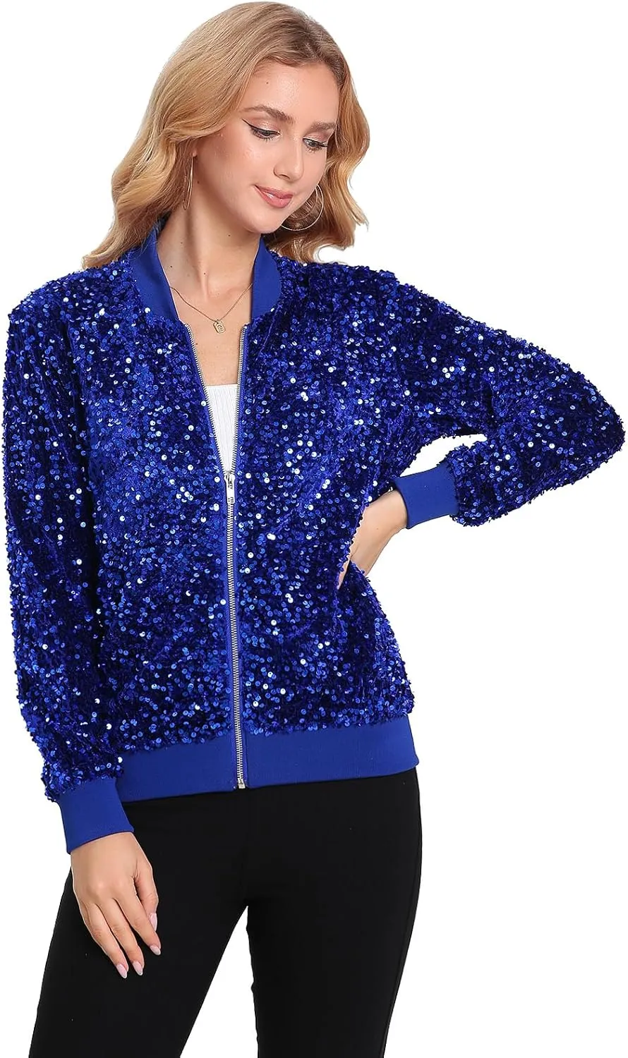 Women's Sequin Jacket Long Sleeve Blazer Glitter Front Zip With Pockets Casual Sparkly Party Velvet Bomber