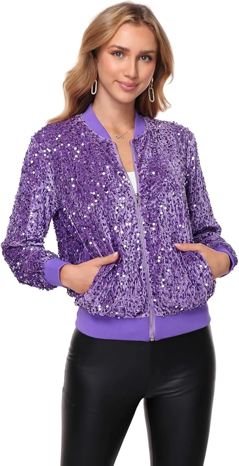Women's Sequin Jacket Long Sleeve Blazer Glitter Front Zip With Pockets Casual Sparkly Party Velvet Bomber