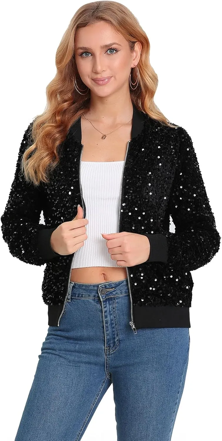 Women's Sequin Jacket Long Sleeve Blazer Glitter Front Zip With Pockets Casual Sparkly Party Velvet Bomber