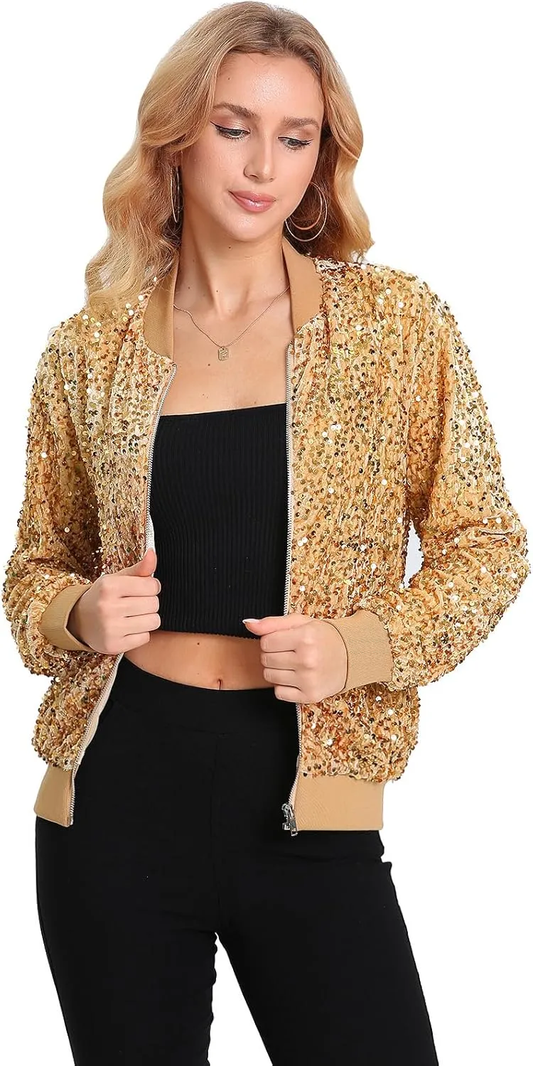Women's Sequin Jacket Long Sleeve Blazer Glitter Front Zip With Pockets Casual Sparkly Party Velvet Bomber