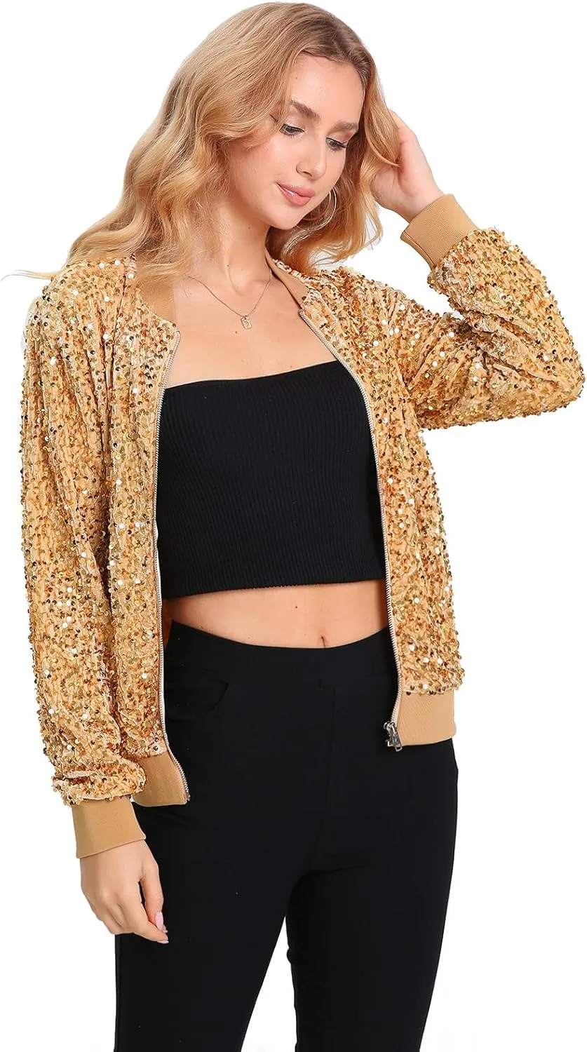 Women's Sequin Jacket Long Sleeve Blazer Glitter Front Zip With Pockets Casual Sparkly Party Velvet Bomber
