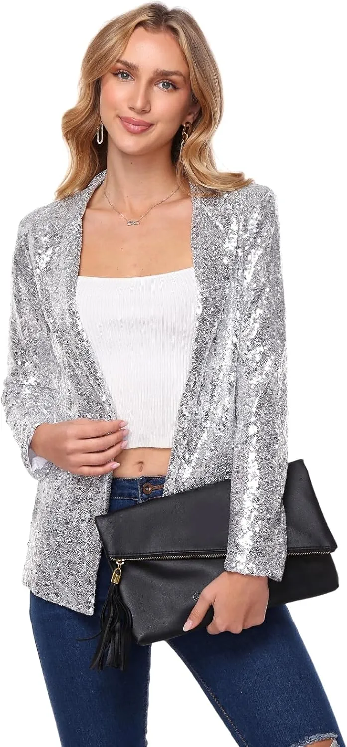 Women's Sequin Jacket Open Front Sparkly Blazer Jackets Casual Long Sleeve Party Glitter Cardigan Coat with Pockets