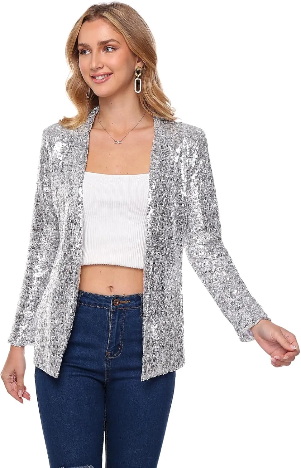 Women's Sequin Jacket Open Front Sparkly Blazer Jackets Casual Long Sleeve Party Glitter Cardigan Coat with Pockets