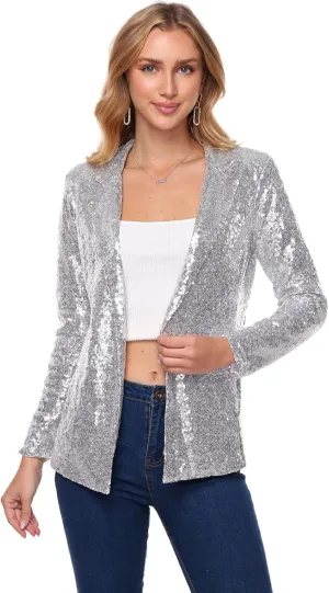 Women's Sequin Jacket Open Front Sparkly Blazer Jackets Casual Long Sleeve Party Glitter Cardigan Coat with Pockets