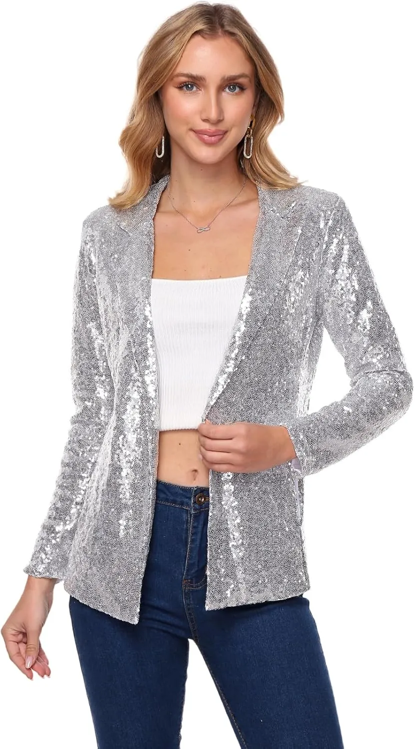 Women's Sequin Jacket Open Front Sparkly Blazer Jackets Casual Long Sleeve Party Glitter Cardigan Coat with Pockets