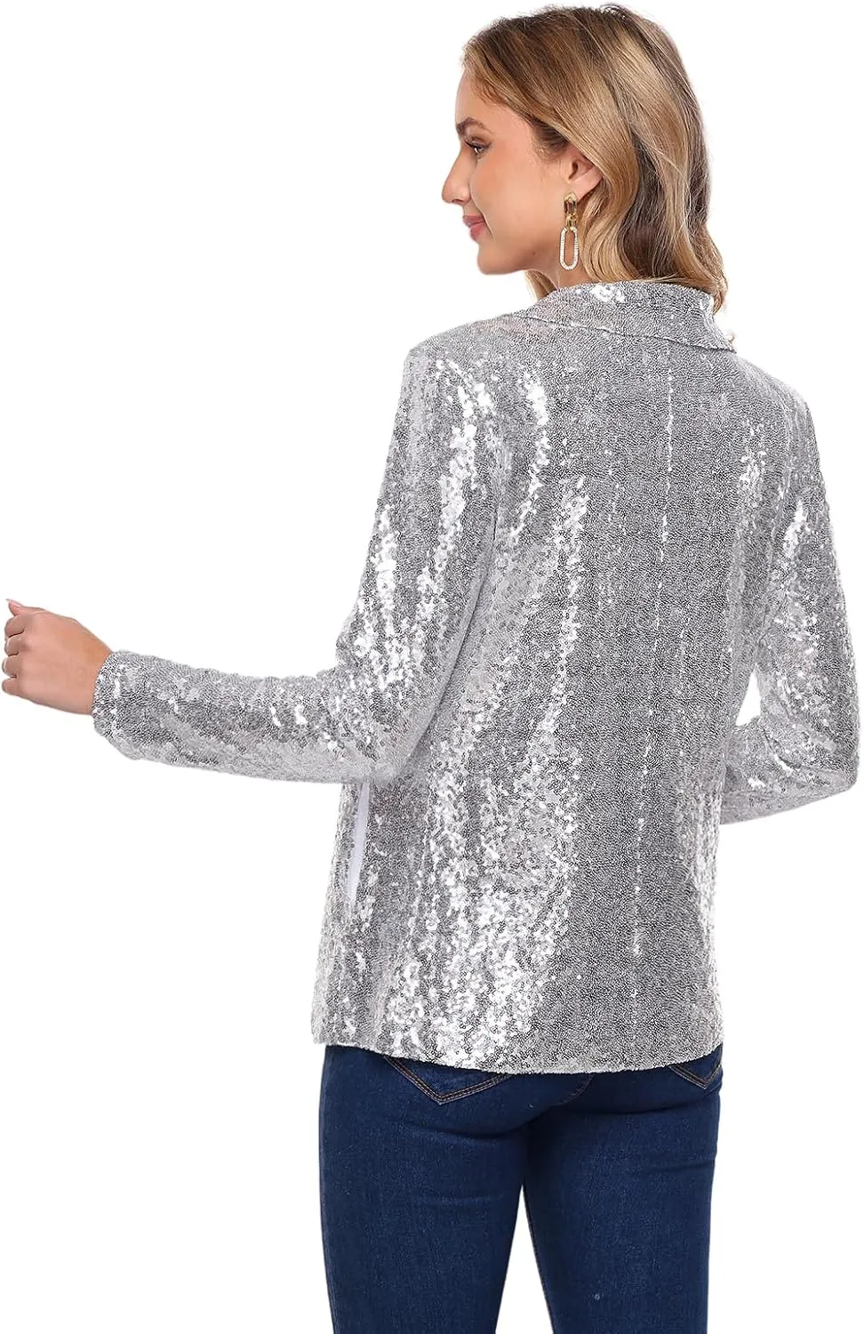 Women's Sequin Jacket Open Front Sparkly Blazer Jackets Casual Long Sleeve Party Glitter Cardigan Coat with Pockets