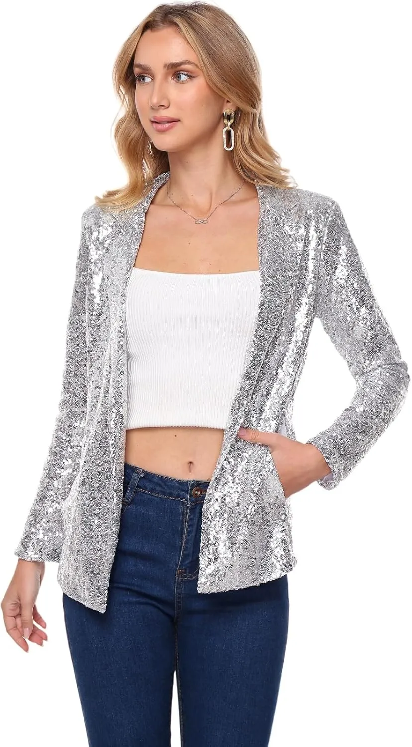 Women's Sequin Jacket Open Front Sparkly Blazer Jackets Casual Long Sleeve Party Glitter Cardigan Coat with Pockets